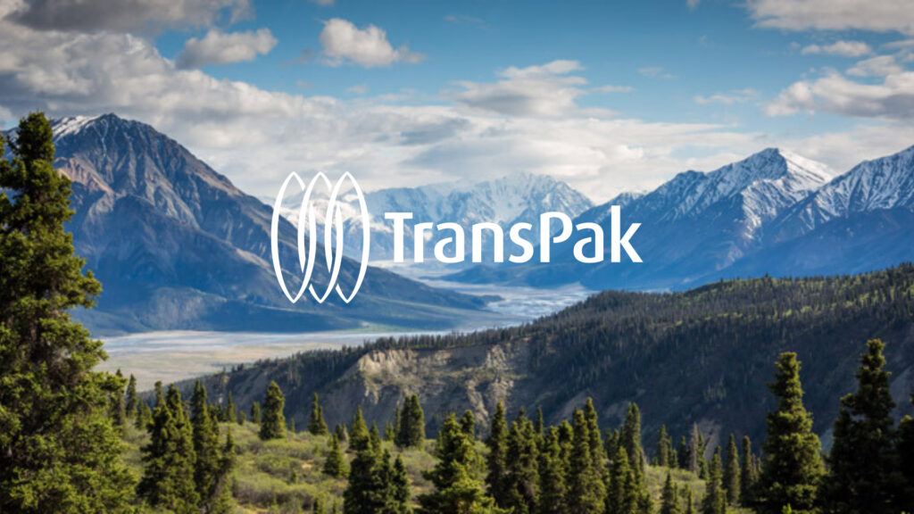 Transpak logo over mountains.