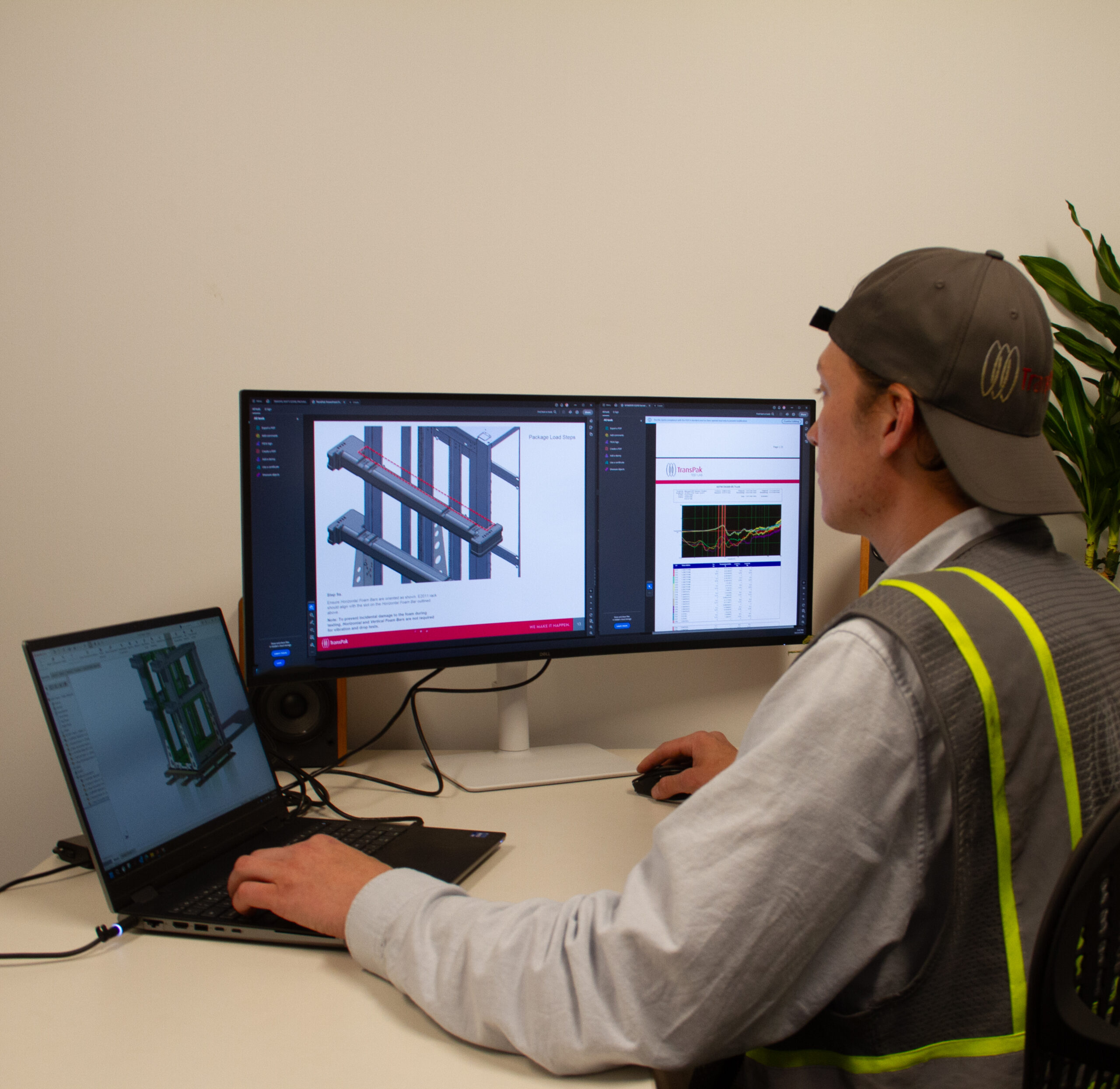 TransPak engineer reviewing CAD packaging designs and transport performance data for a custom server rack shipping solution.
