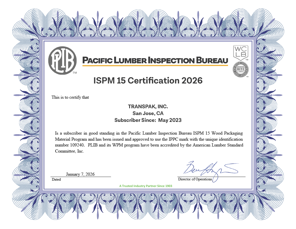 TransPak San Jose ISPM 15 wood packaging material certification