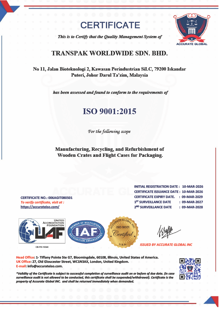 TransPak Johor ISO 9001:2015 quality management system certificate
