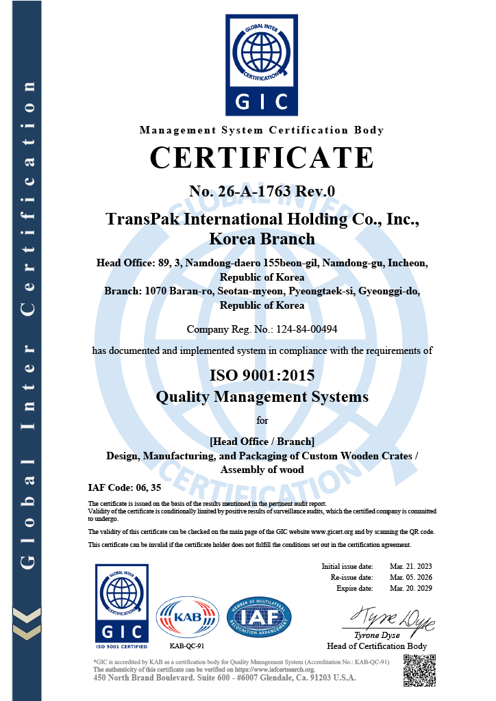 TransPak Korea ISO 9001:2015 quality management system certificate