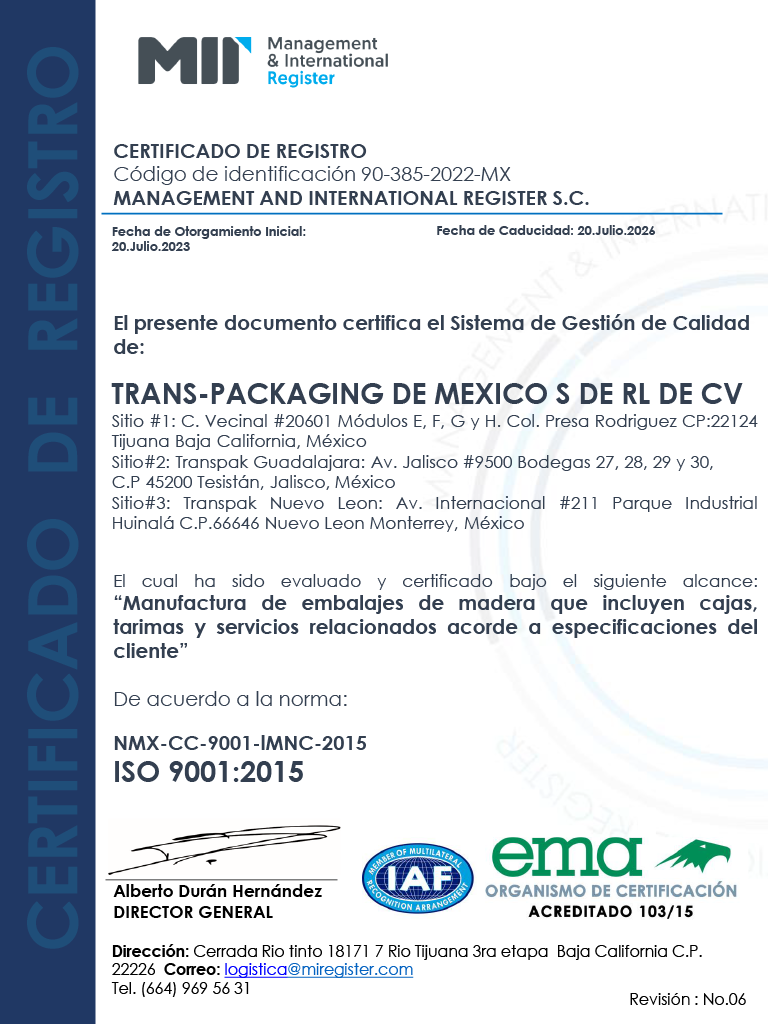 TransPak Mexico ISO 9001:2015 quality management system certificate