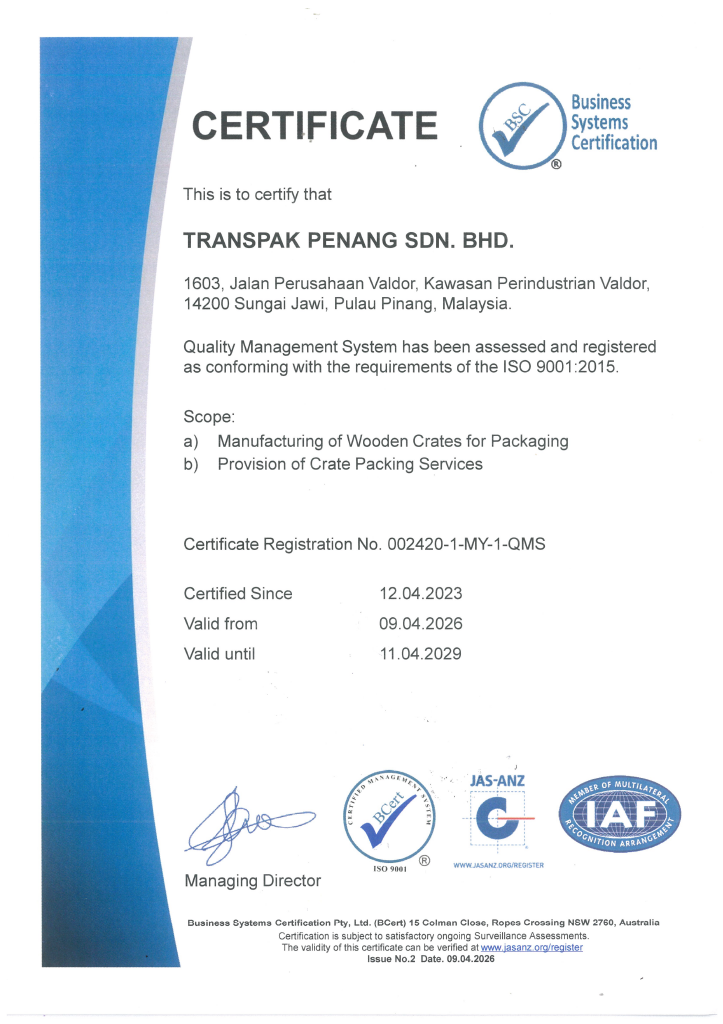 TransPak Penang ISO 9001:2015 quality management system certificate