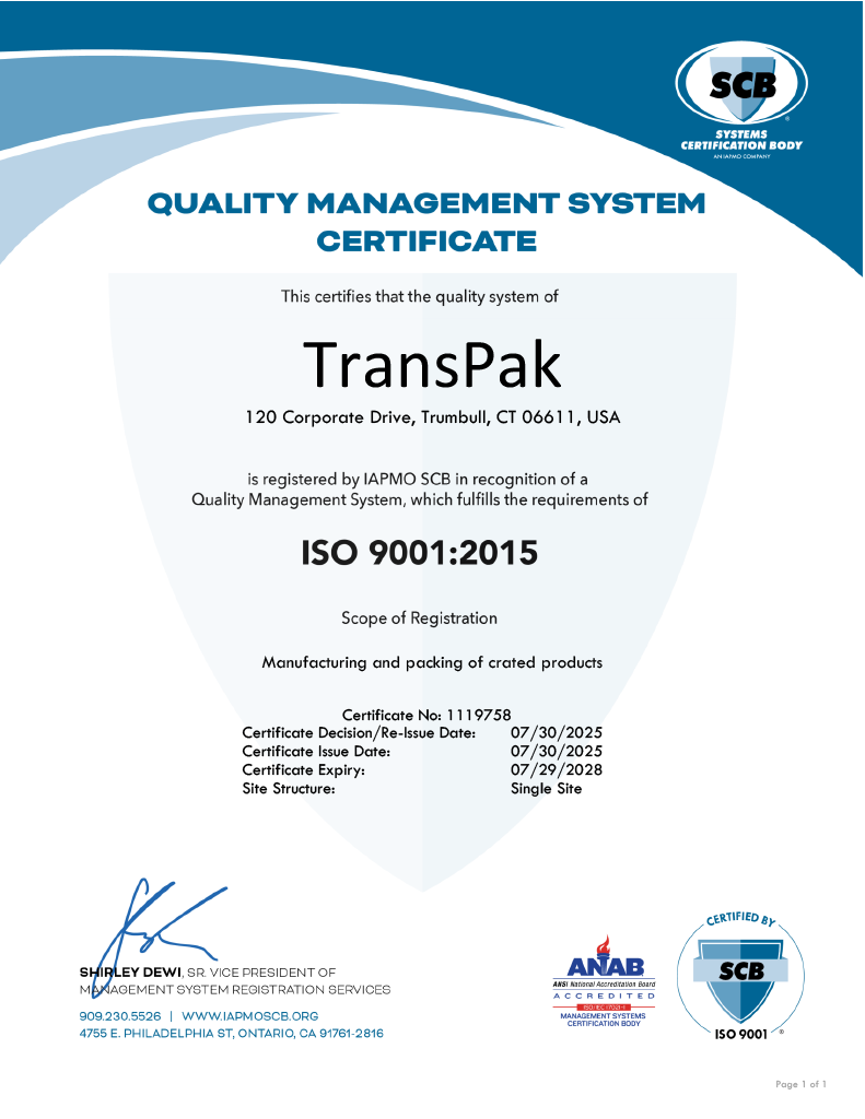TransPak Trumbull ISO 9001:2015 quality management system certificate