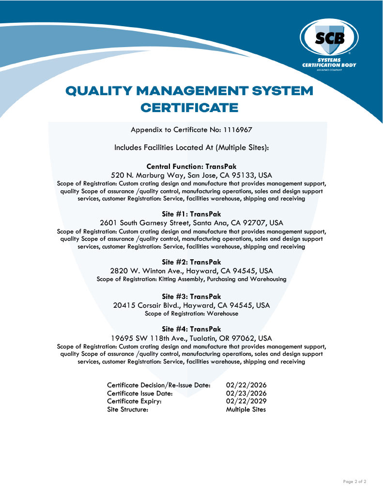 TransPak-West Site ISO 9001:2015 quality management system certificate