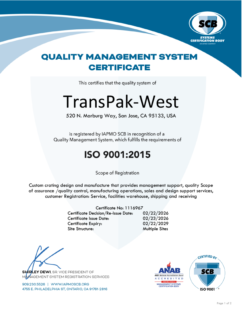 TransPak-West ISO 9001:2015 quality management system certificate
