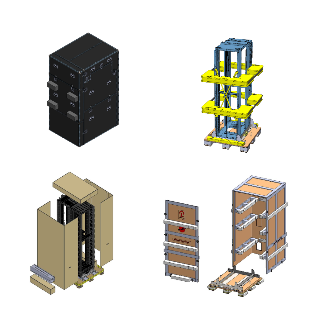 Engineering CAD drawings of custom server rack packaging solutions, including reusable transport cases, metal securement frames, corrugated packaging, and custom crates for safe shipment of data center equipment and server racks.